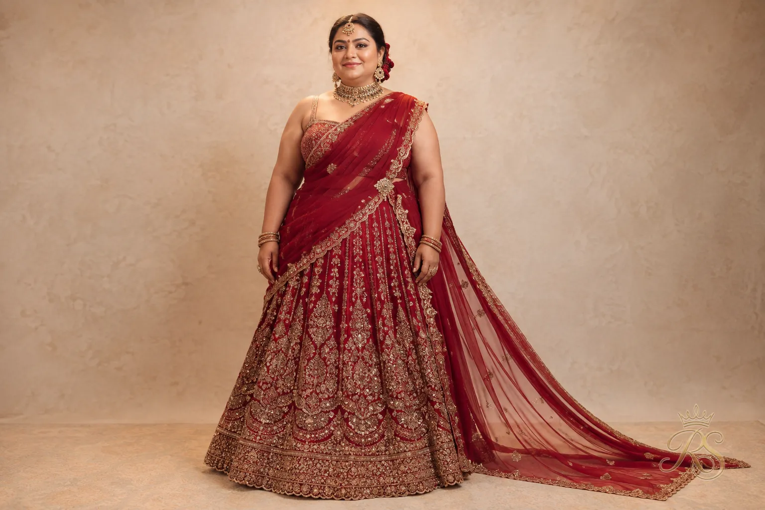 Plus size bride demonstrating a one-shoulder dupatta drape pinned at the waist