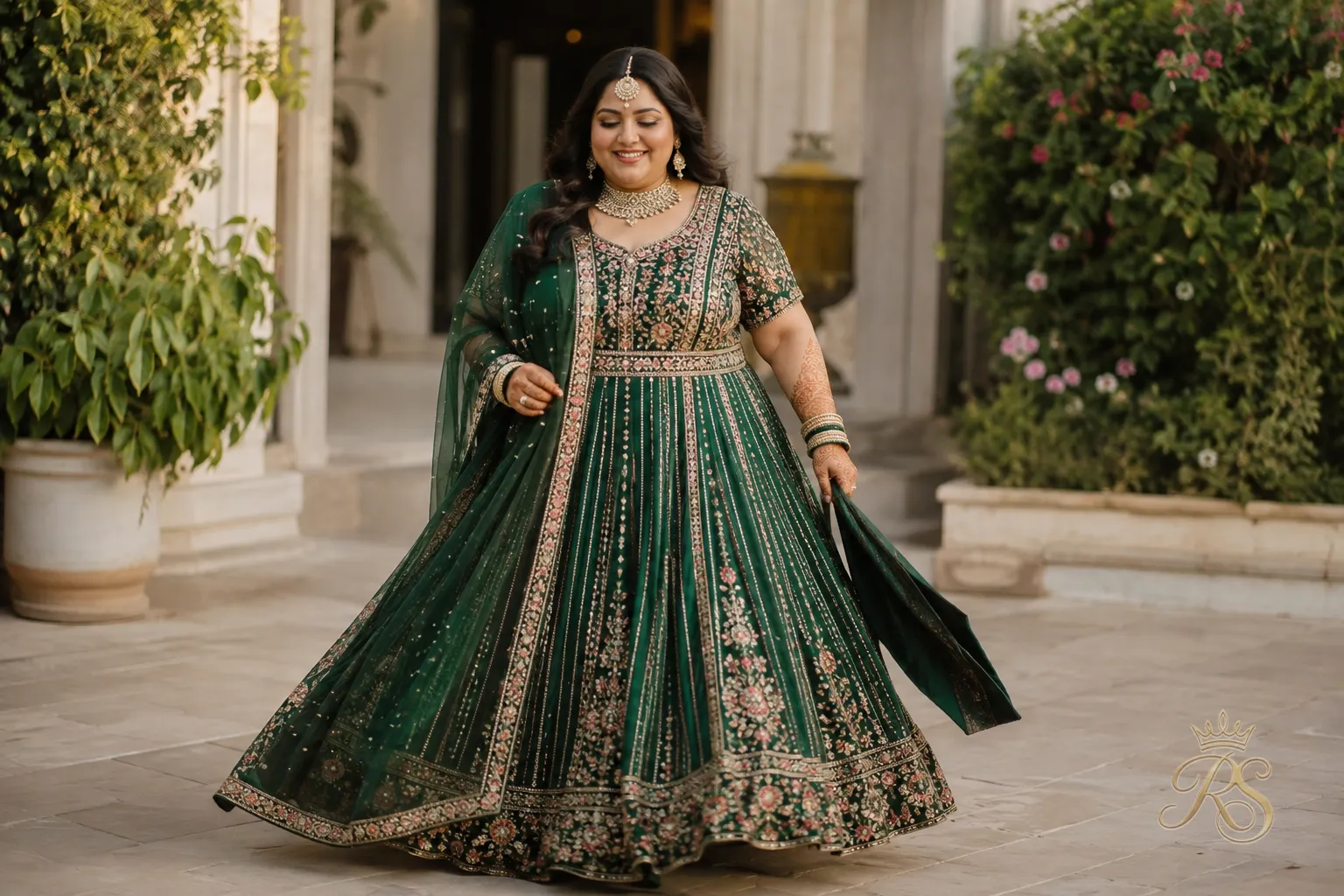 Plus size bride wearing a floor-length anarkali-style lehenga with flowing panels