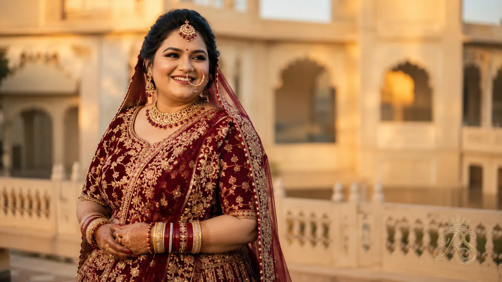 Confident plus size bride in a rich burgundy lehenga standing in soft golden light