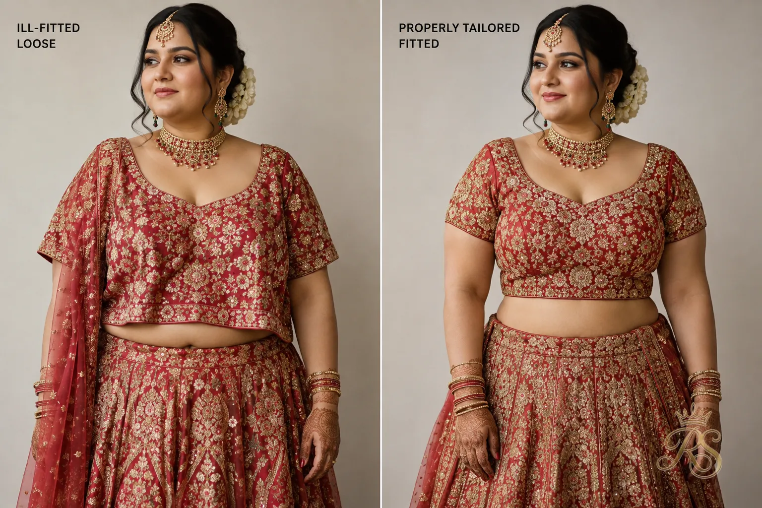 Side-by-side comparison of an ill-fitted versus a properly tailored plus size bridal outfit