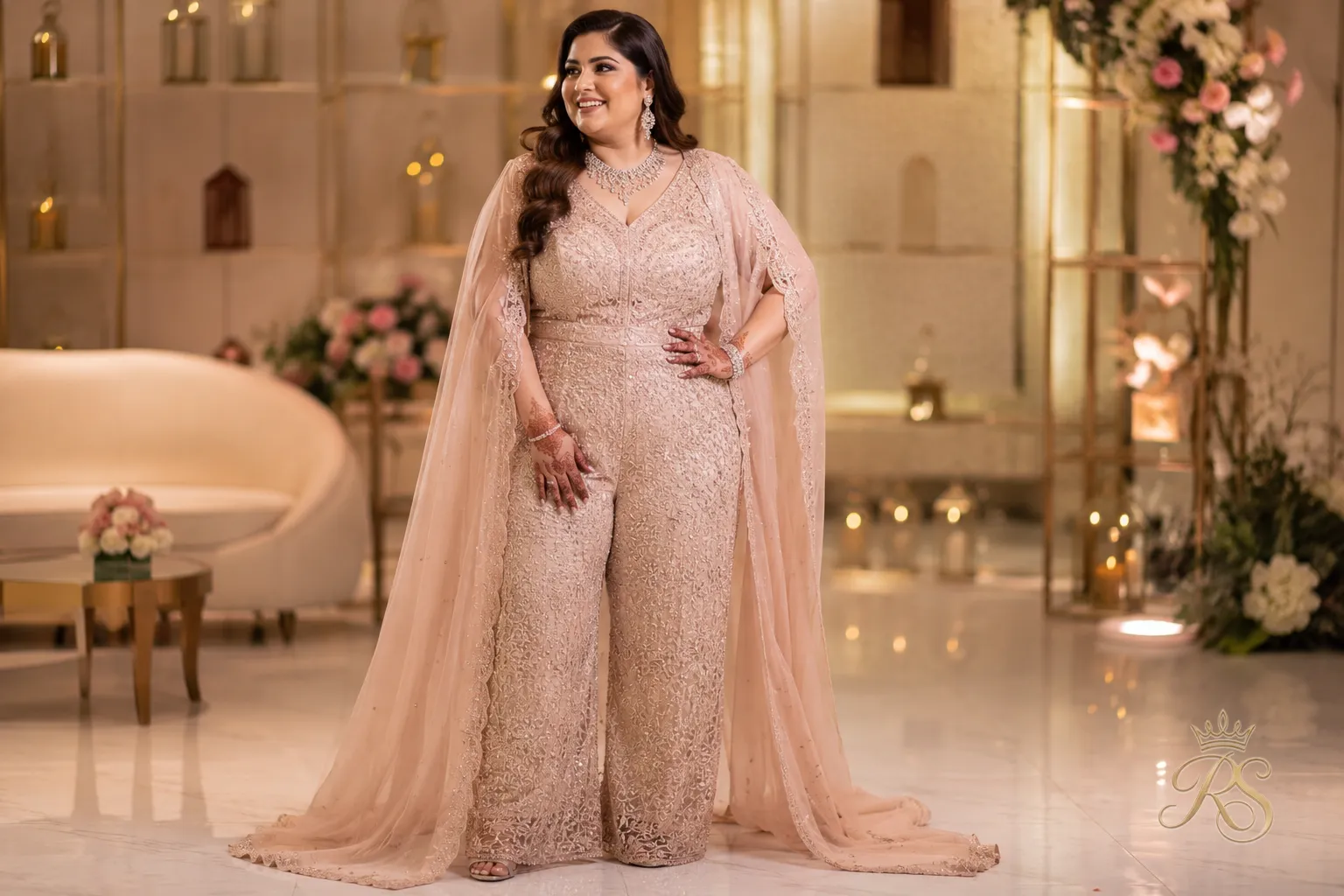 Plus size bride wearing an embellished Indo-western bridal jumpsuit with a flowing cape
