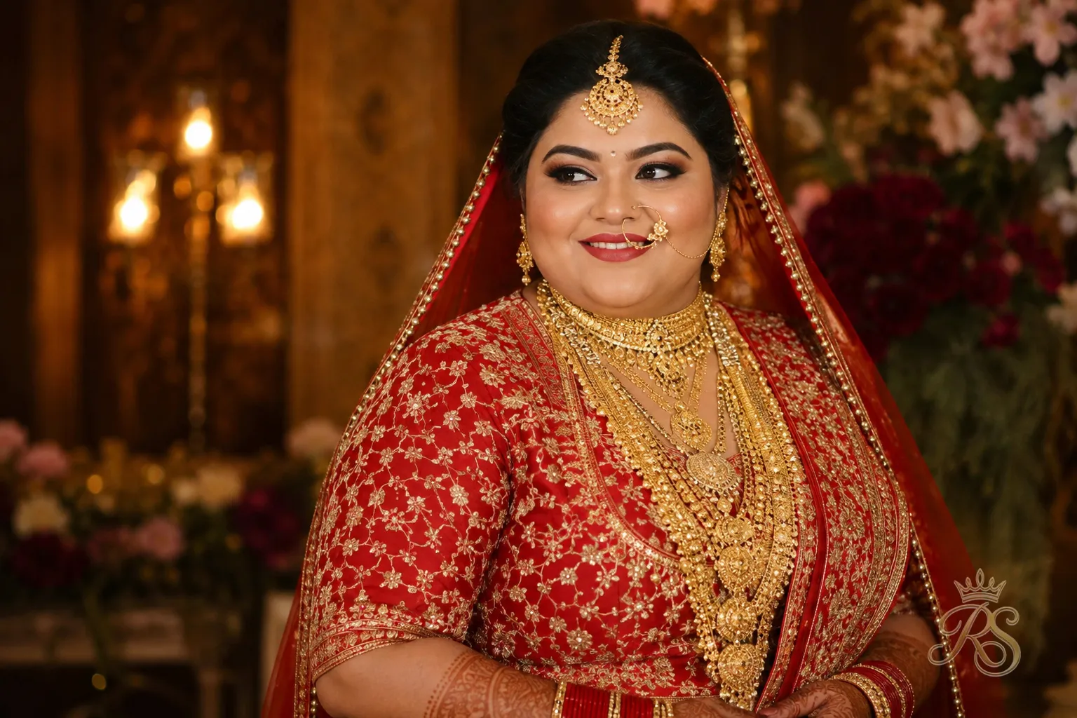 Plus size bride in layered traditional jewelry with a high-neck bridal blouse