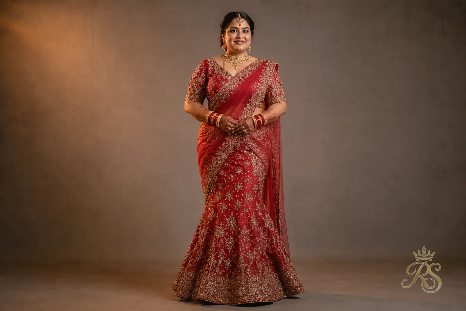 Plus size bride in a mermaid-style pre-draped saree gown with a fitted silhouette