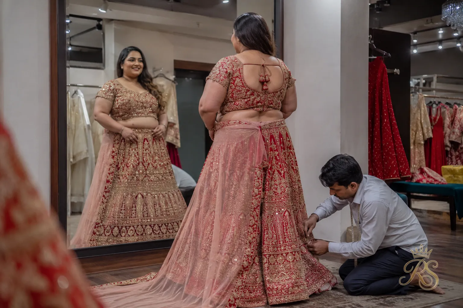 Plus size bride being fitted for her bridal lehenga in front of a mirror by a tailor