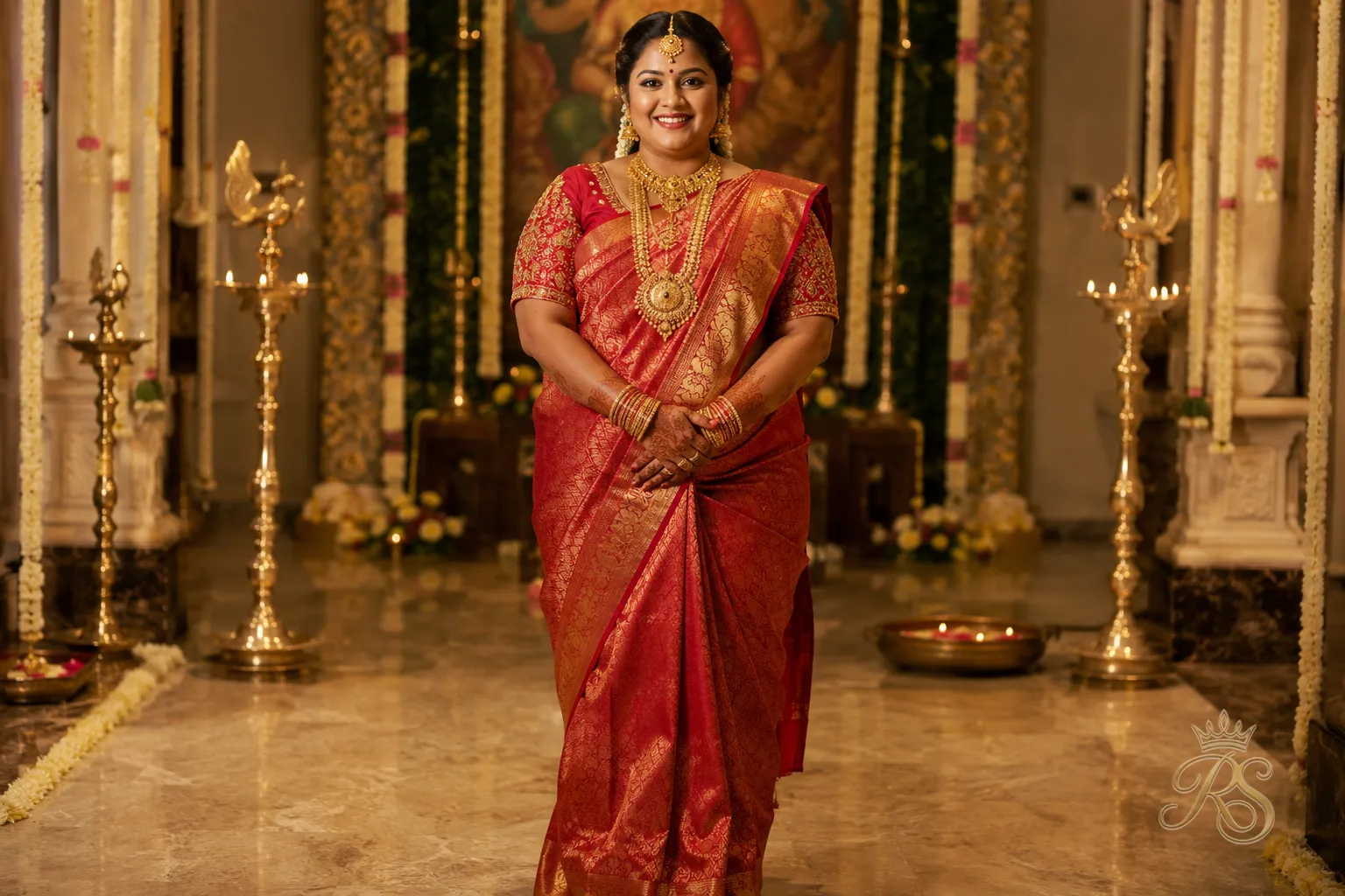 Plus size South Indian bride draped in a traditional silk kanjeevaram saree