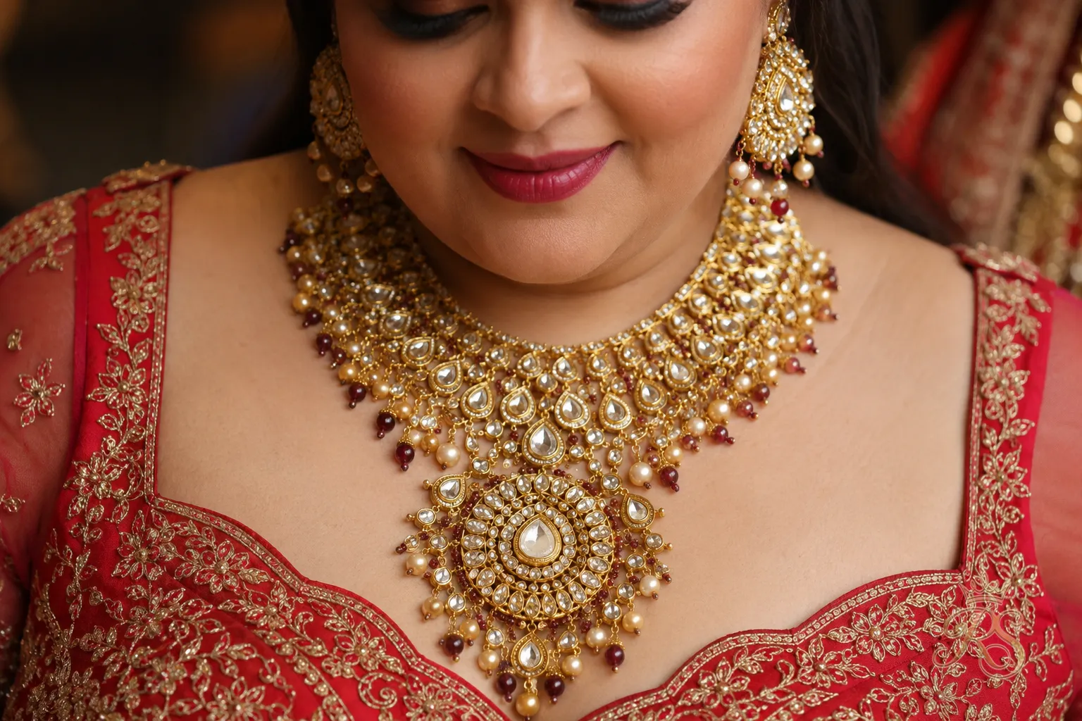 Plus size bride wearing a statement gold necklace with a sweetheart neckline blouse