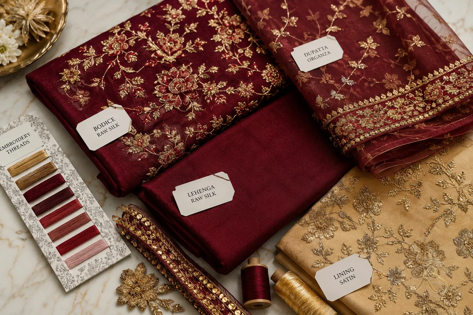 Close-up of structured raw silk and organza fabric swatches used for plus size bridal lehengas