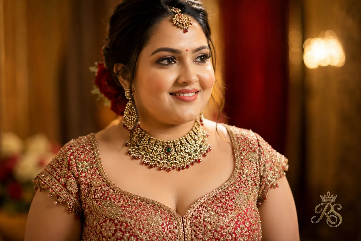 Plus size bride in a bridal blouse with a sweetheart neckline and cap sleeves