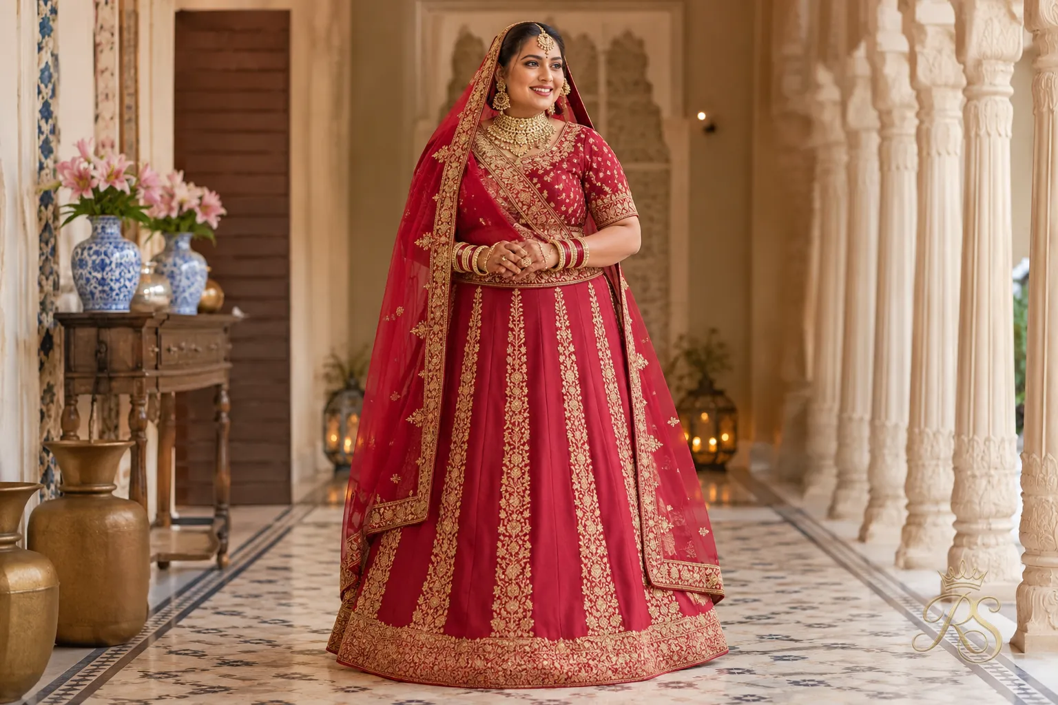 Plus size bride in a bridal outfit with a vertical zari print running the length of the skirt