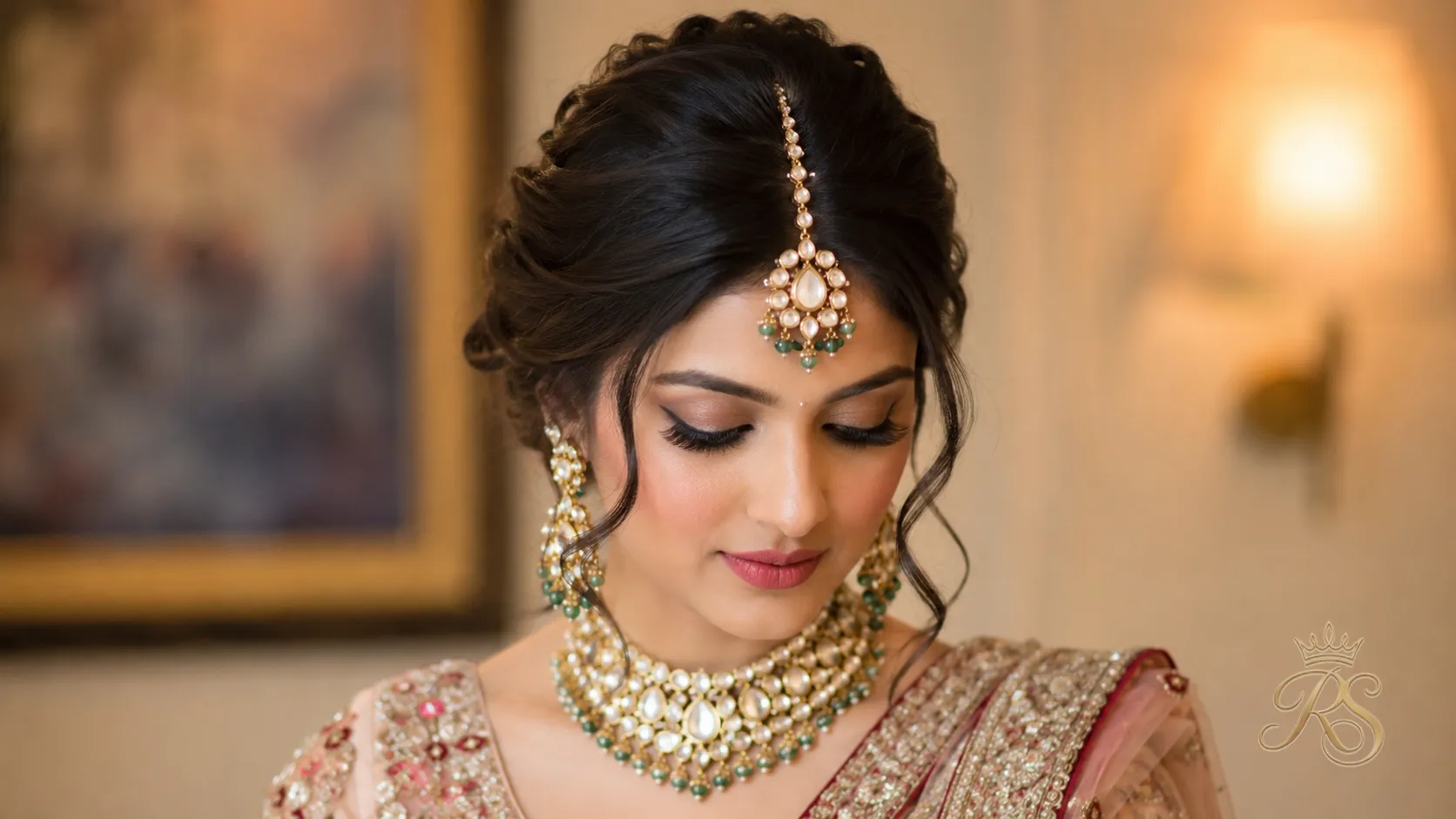 Bridal hair updo styled to showcase a kundan maang tikka at the centre parting