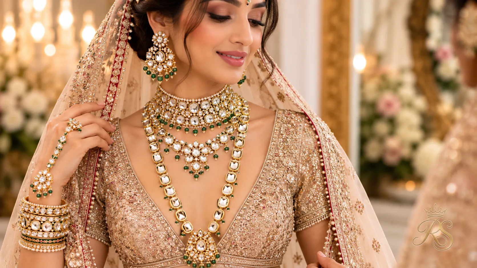 Bride showing how a deep V-neck blouse is paired with a layered polki choker and haar