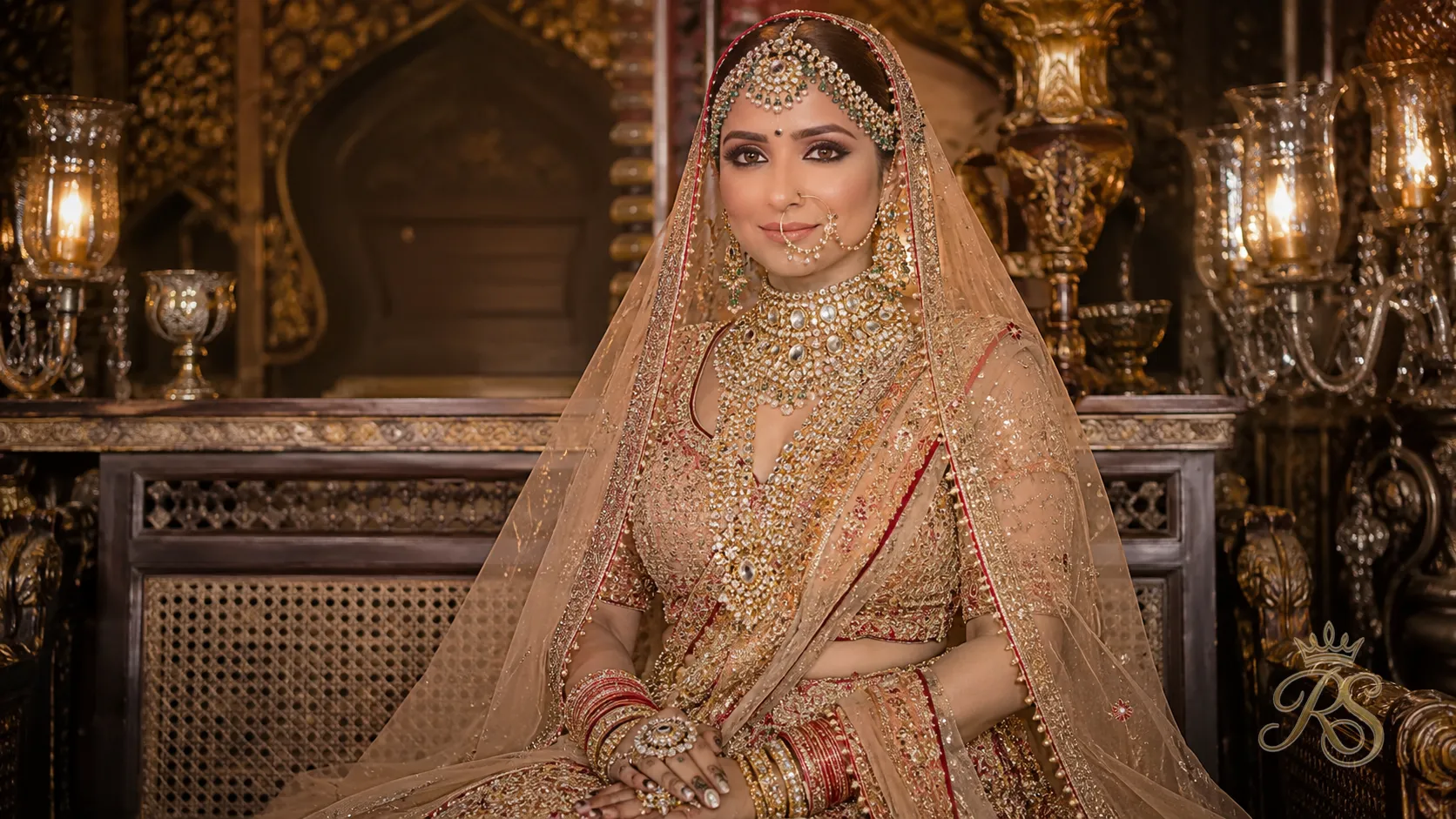 Full bridal portrait wearing complete polki and kundan couture jewellery set with lehenga
