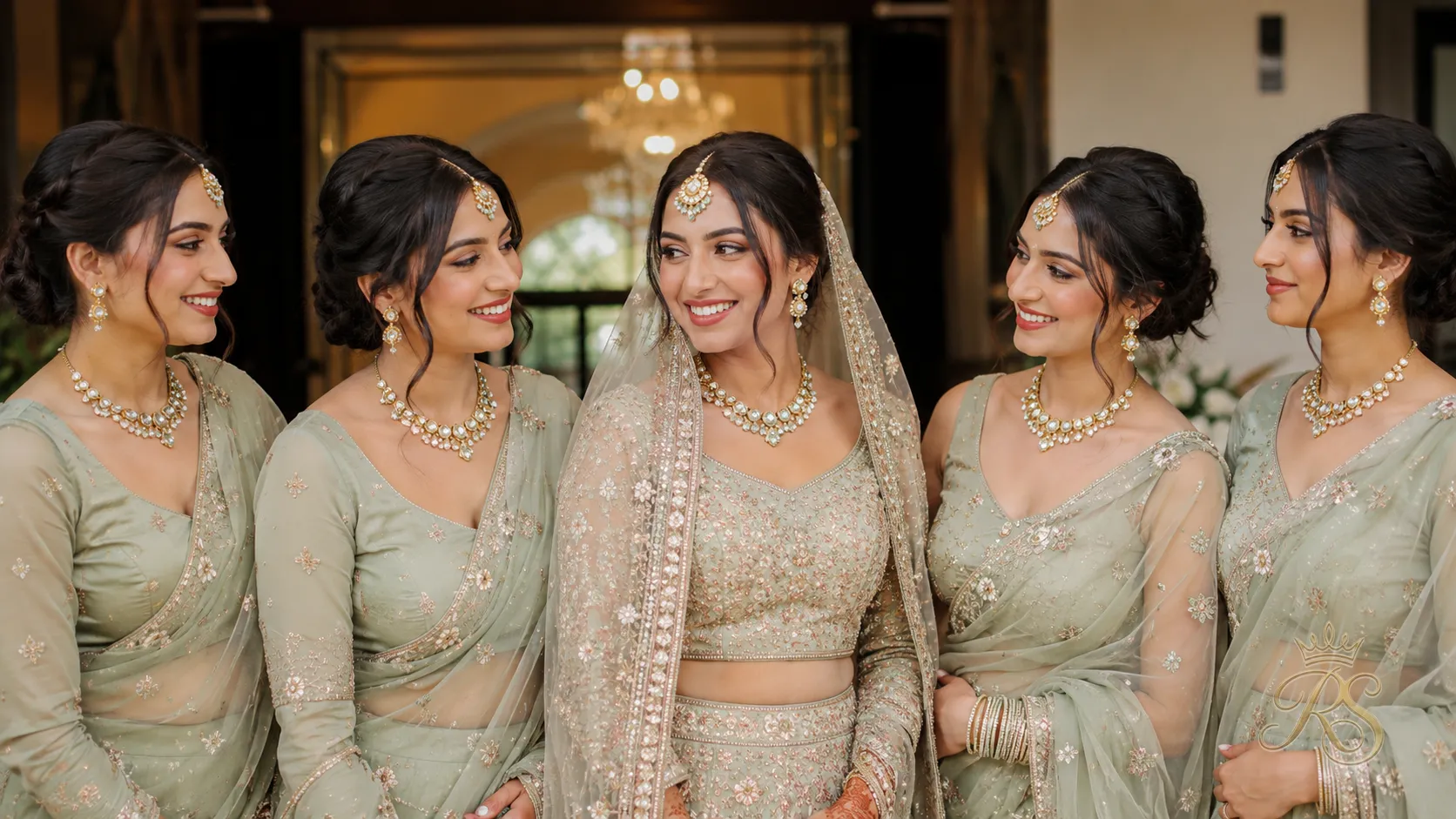 Bridesmaids wearing simpler kundan jewellery in a matching colour palette