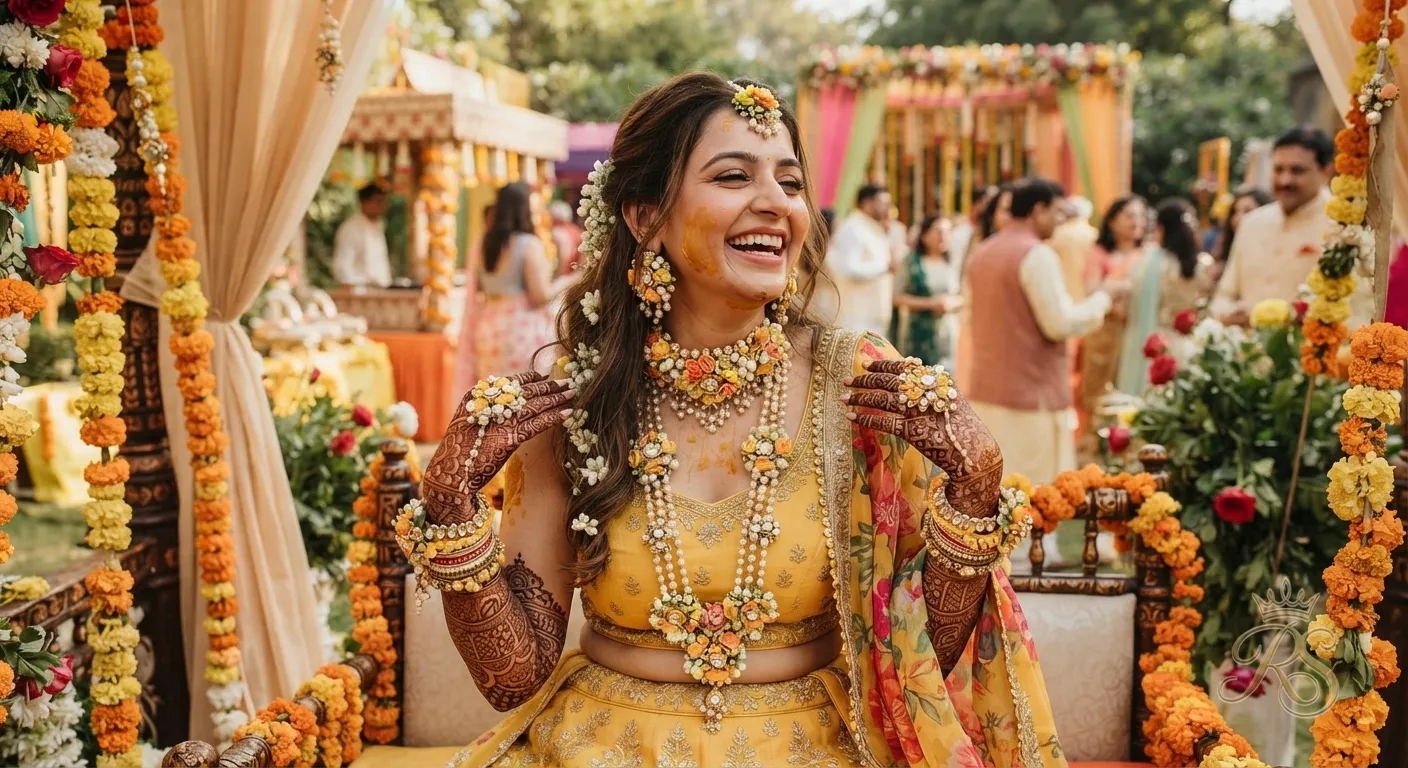 Bride at haldi ceremony wearing floral jewellery with small kundan accents