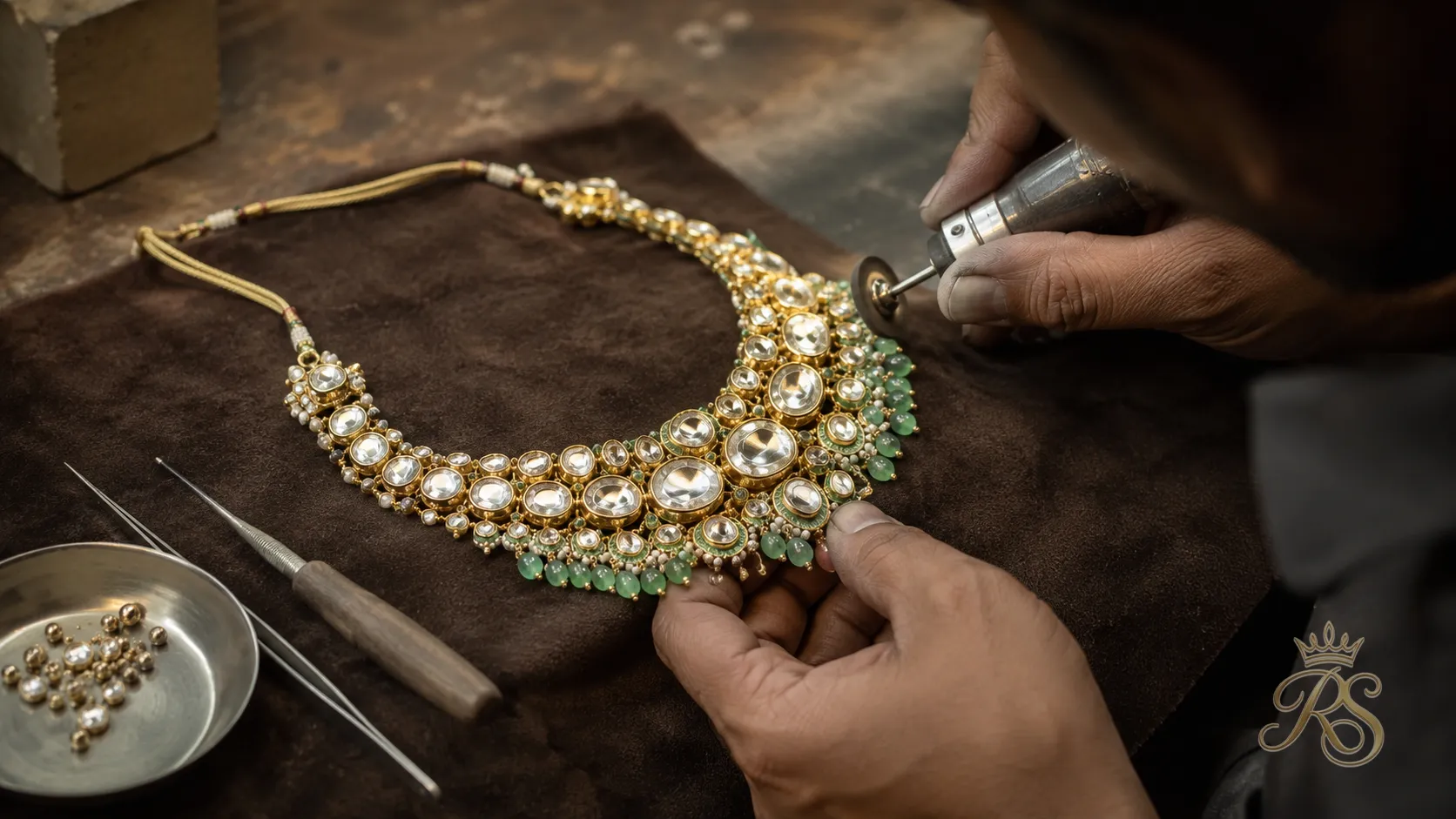 Jeweller restoring and re-polishing an heirloom kundan necklace