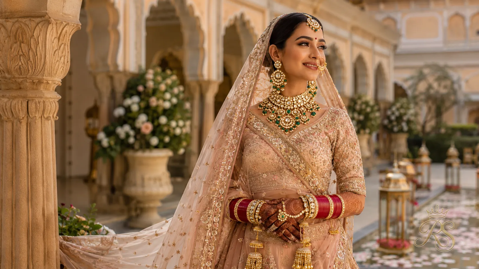 Indian bride in a couture lehenga wearing a full polki and kundan bridal jewellery set