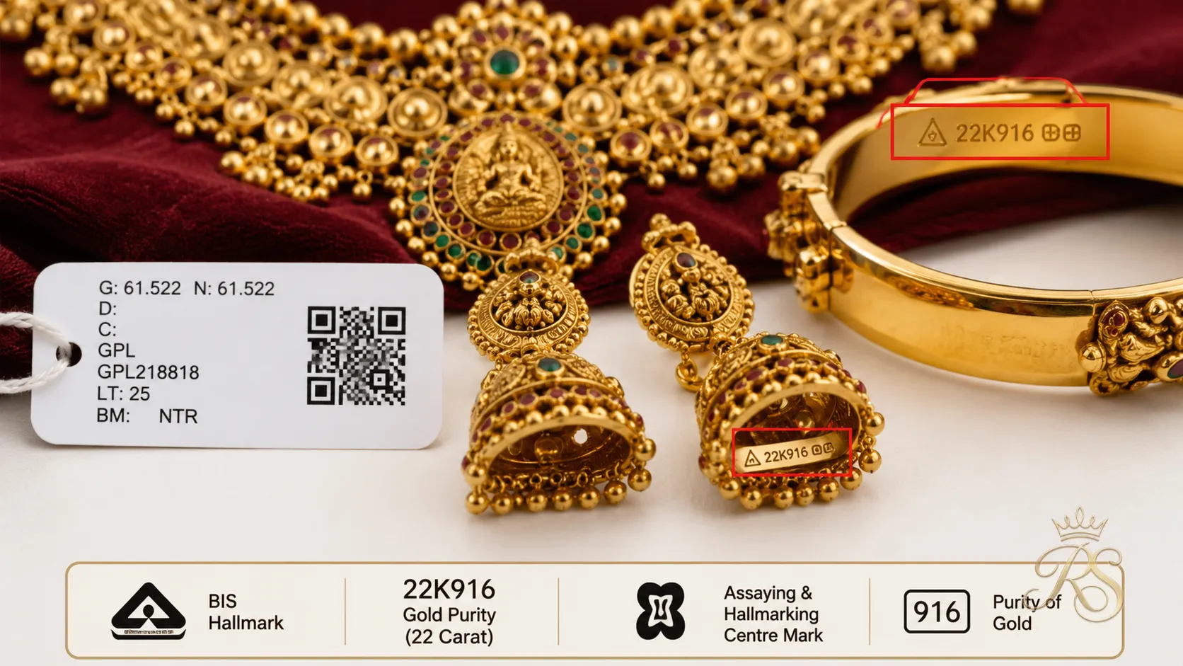 Jewellery hallmark and gold purity certification stamp on bridal set