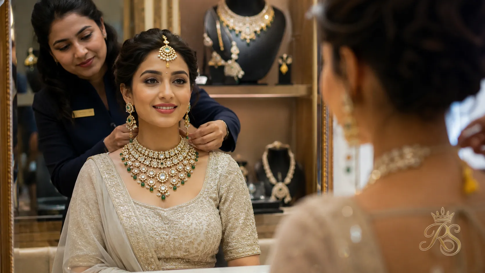 Bride trying on bridal jewellery sets at a couture jewellery showroom