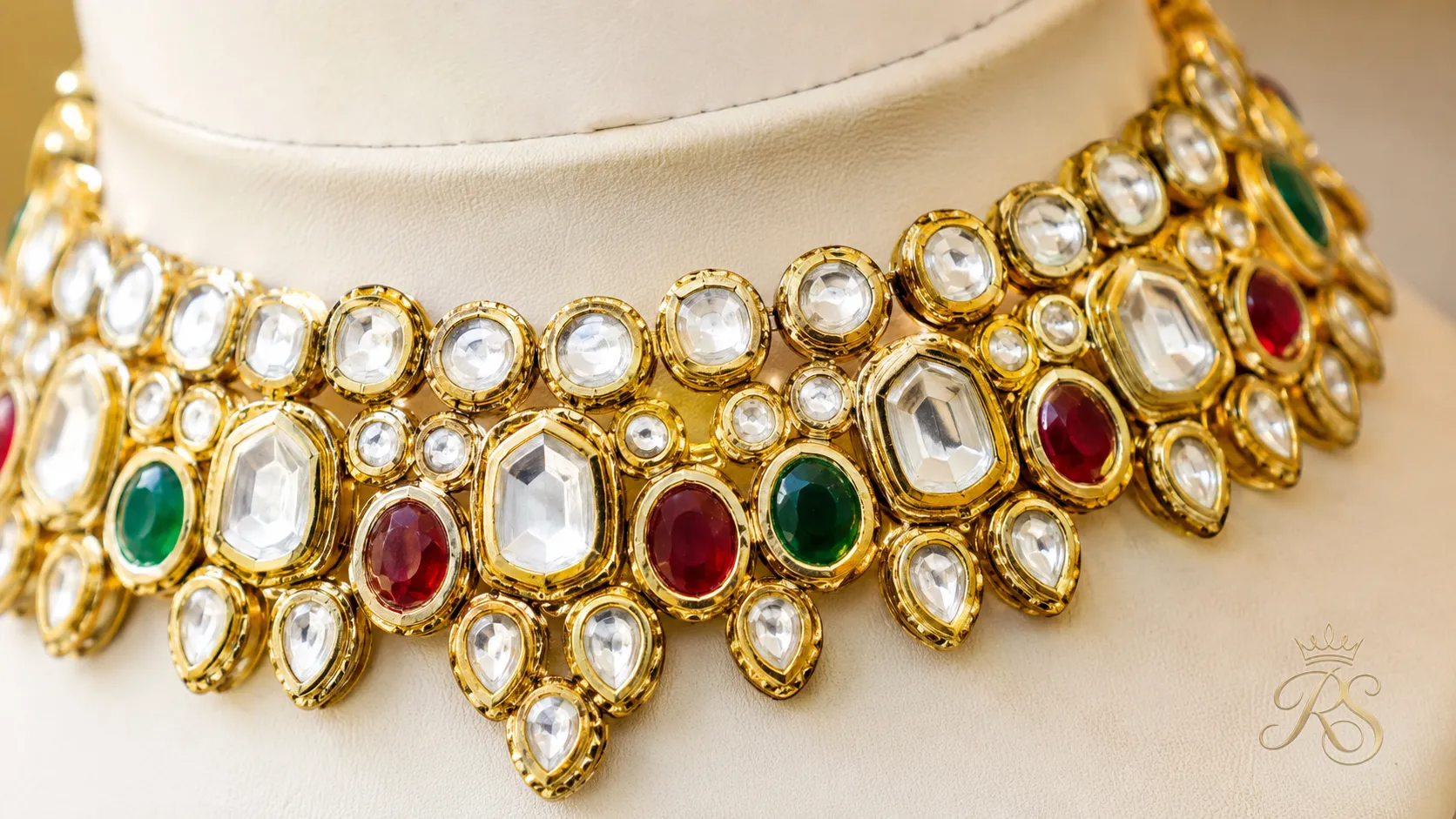 Close-up of a kundan choker with coloured glass stones and gold foil setting