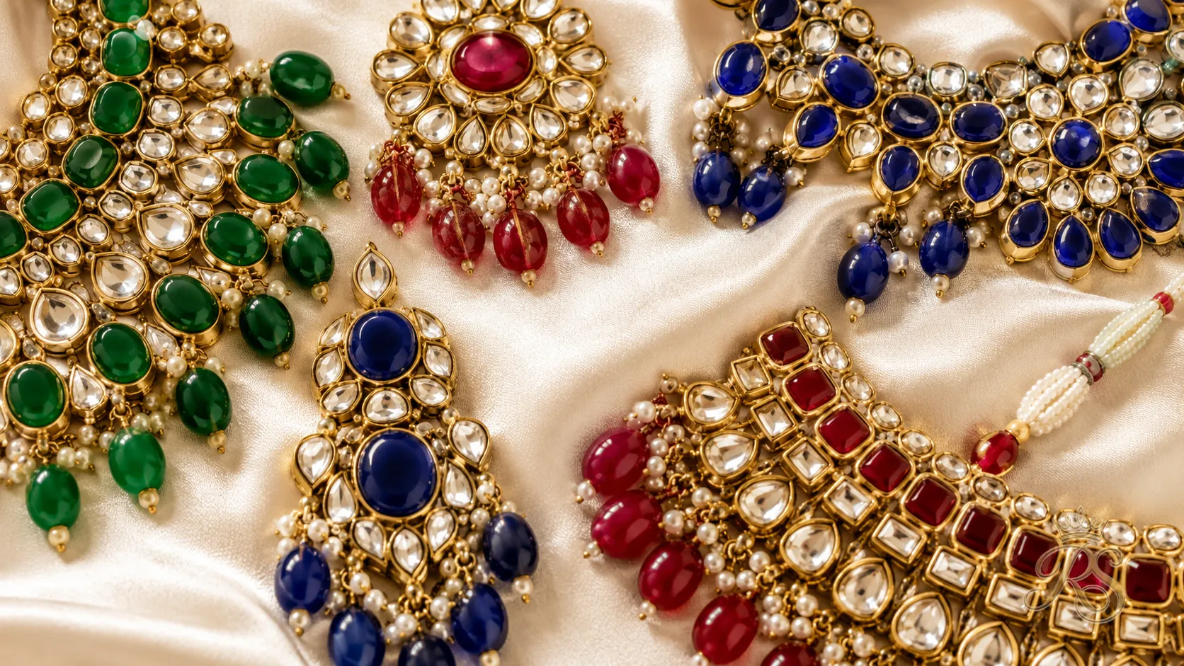 Colour palette of kundan bridal stones in emerald green, ruby red and sapphire blue