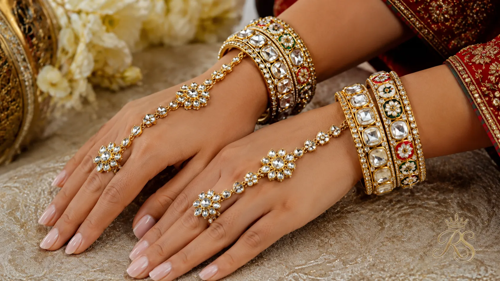 Kundan kada bangles and haathphool hand harness for bridal wear