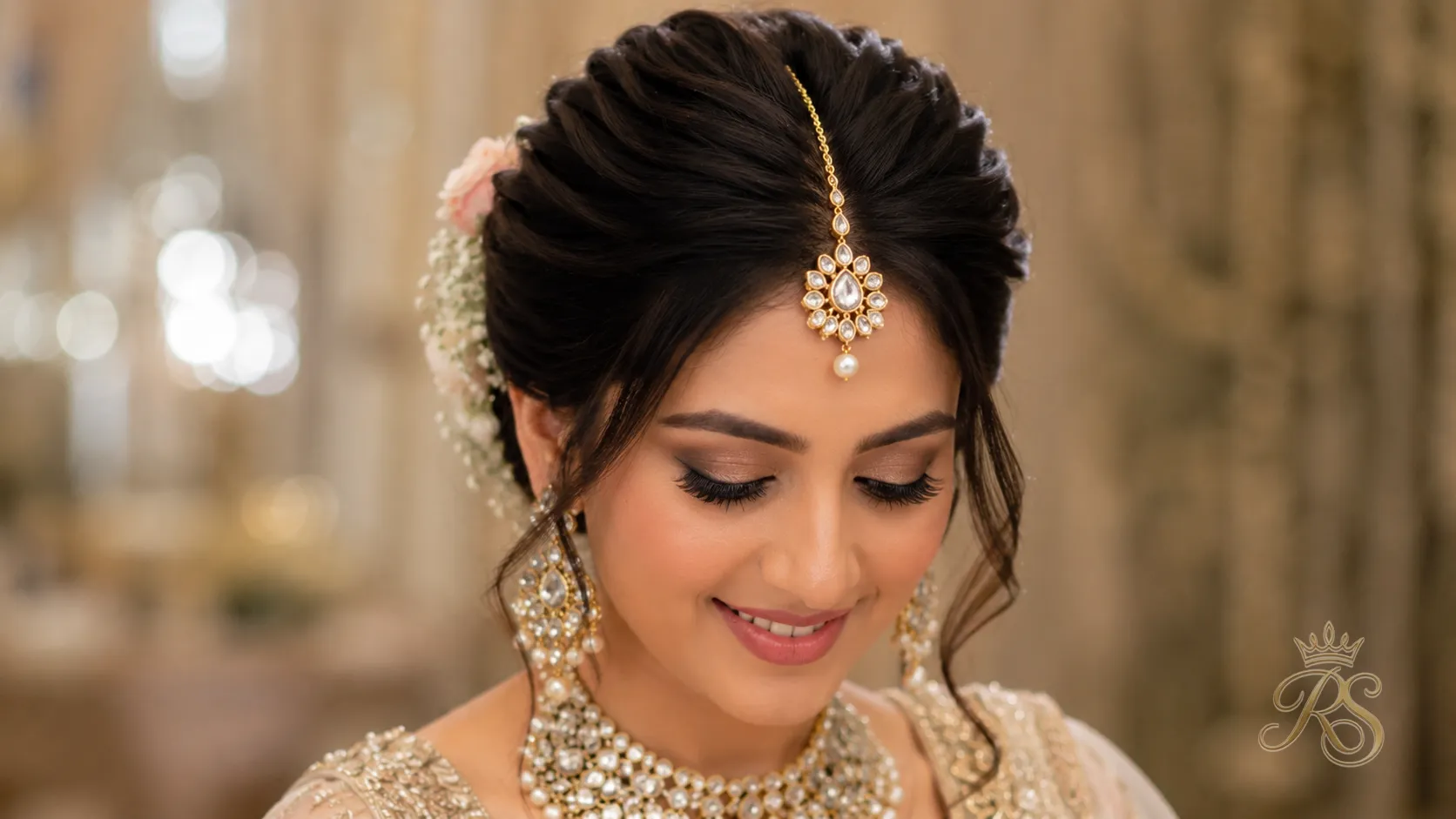 Kundan maang tikka with pearl drop for bridal hairstyling