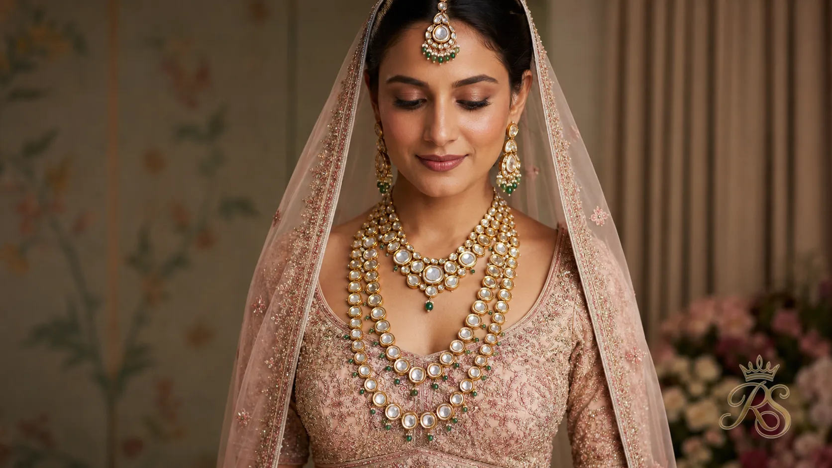 Bride wearing three layered polki necklaces of varying lengths for a couture look