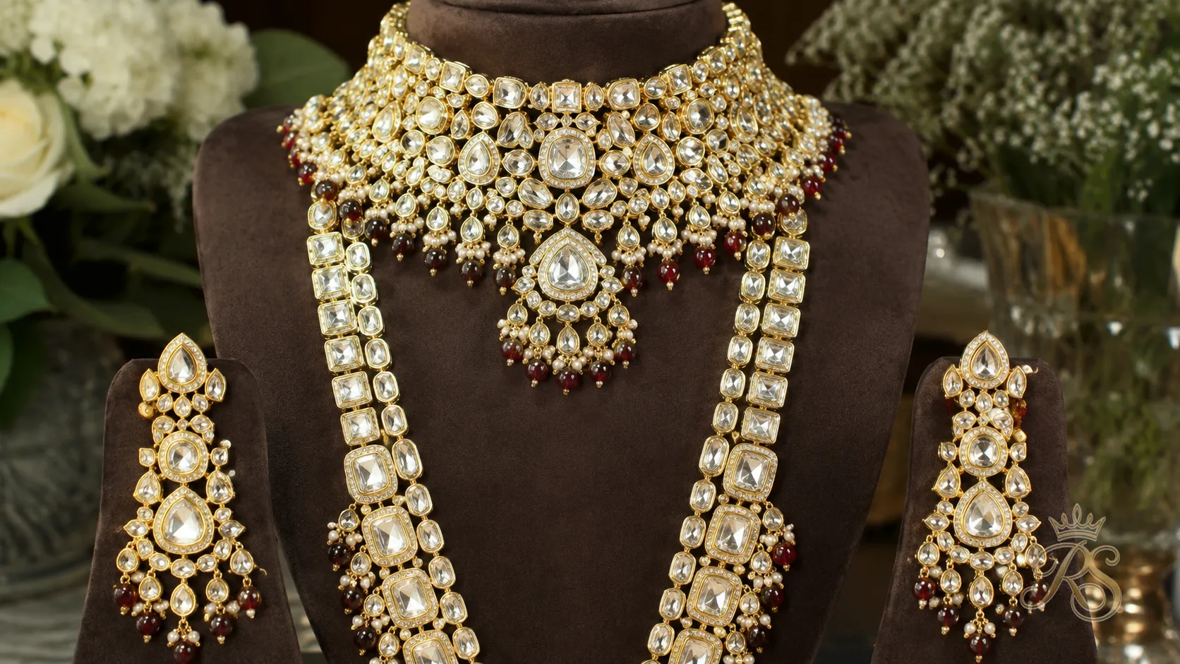 Heavy polki choker and long haar necklace set for bridal wear