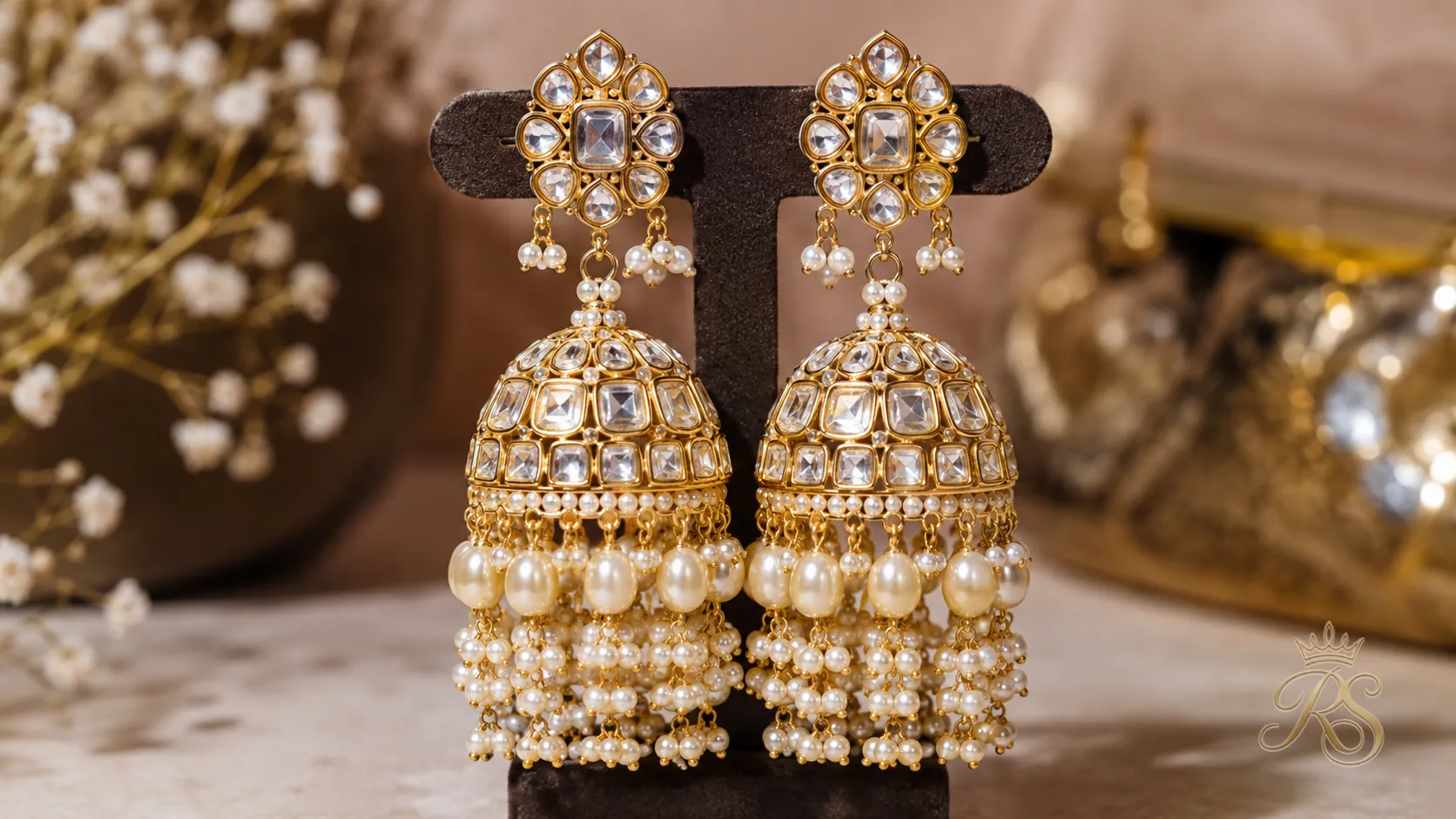 Polki jhumka earrings with pearl tassels for bridal wear