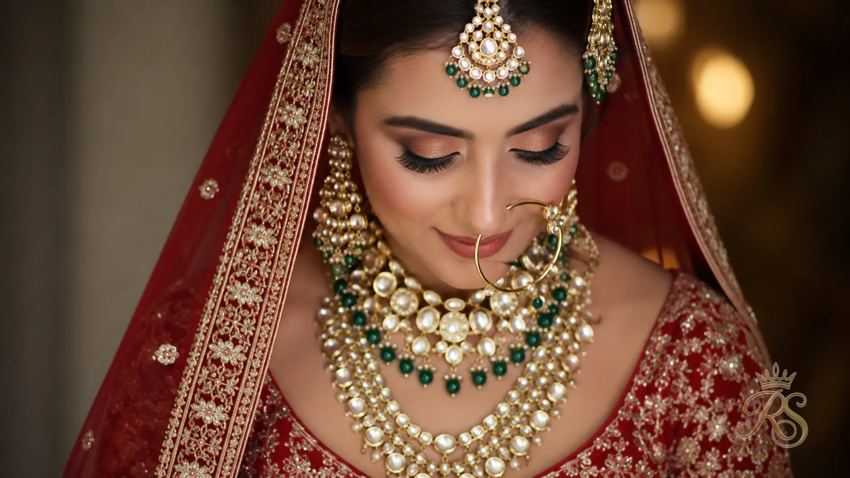 Close-up bridal portrait wearing layered polki and kundan jewellery with a red couture lehenga