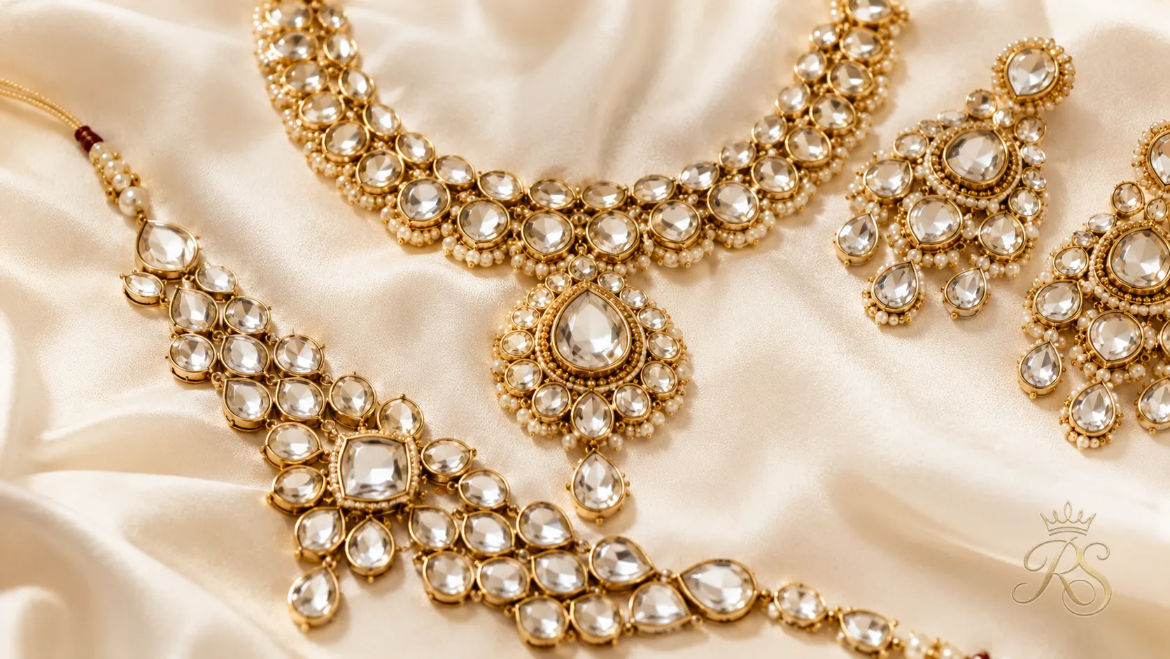 Polki jewellery in warm gold and diamond-white tones on ivory fabric