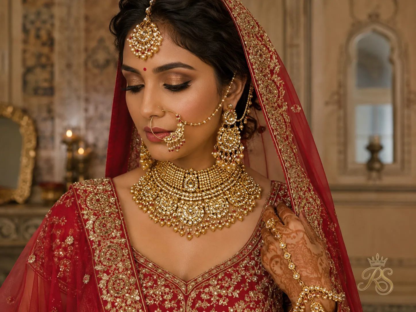 Antique gold bridal jewelry set styled with a red lehenga