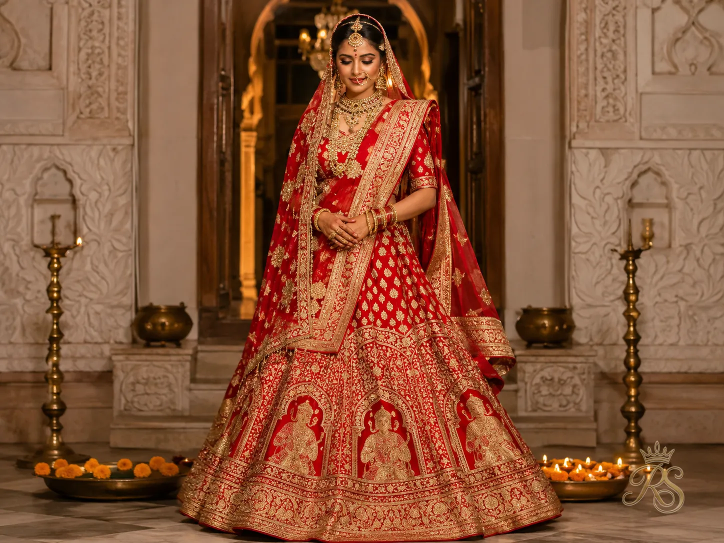 Bengali red and gold benarasi bridal lehenga with traditional border