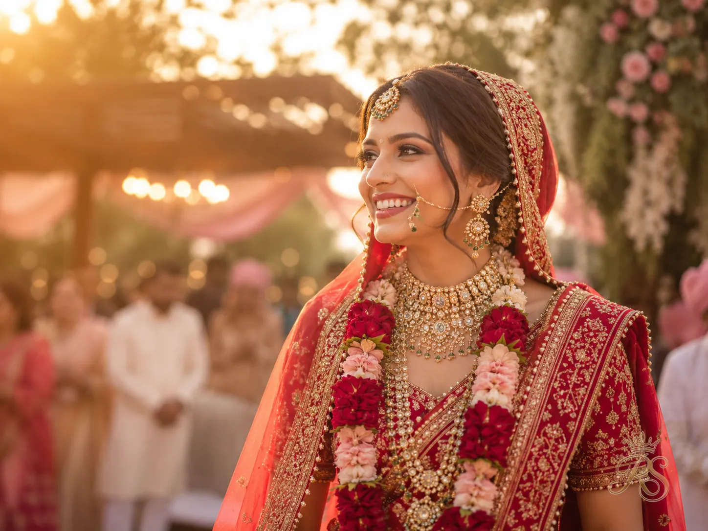 Bride in a red bridal lehenga smiling during her wedding celebration at golden hour