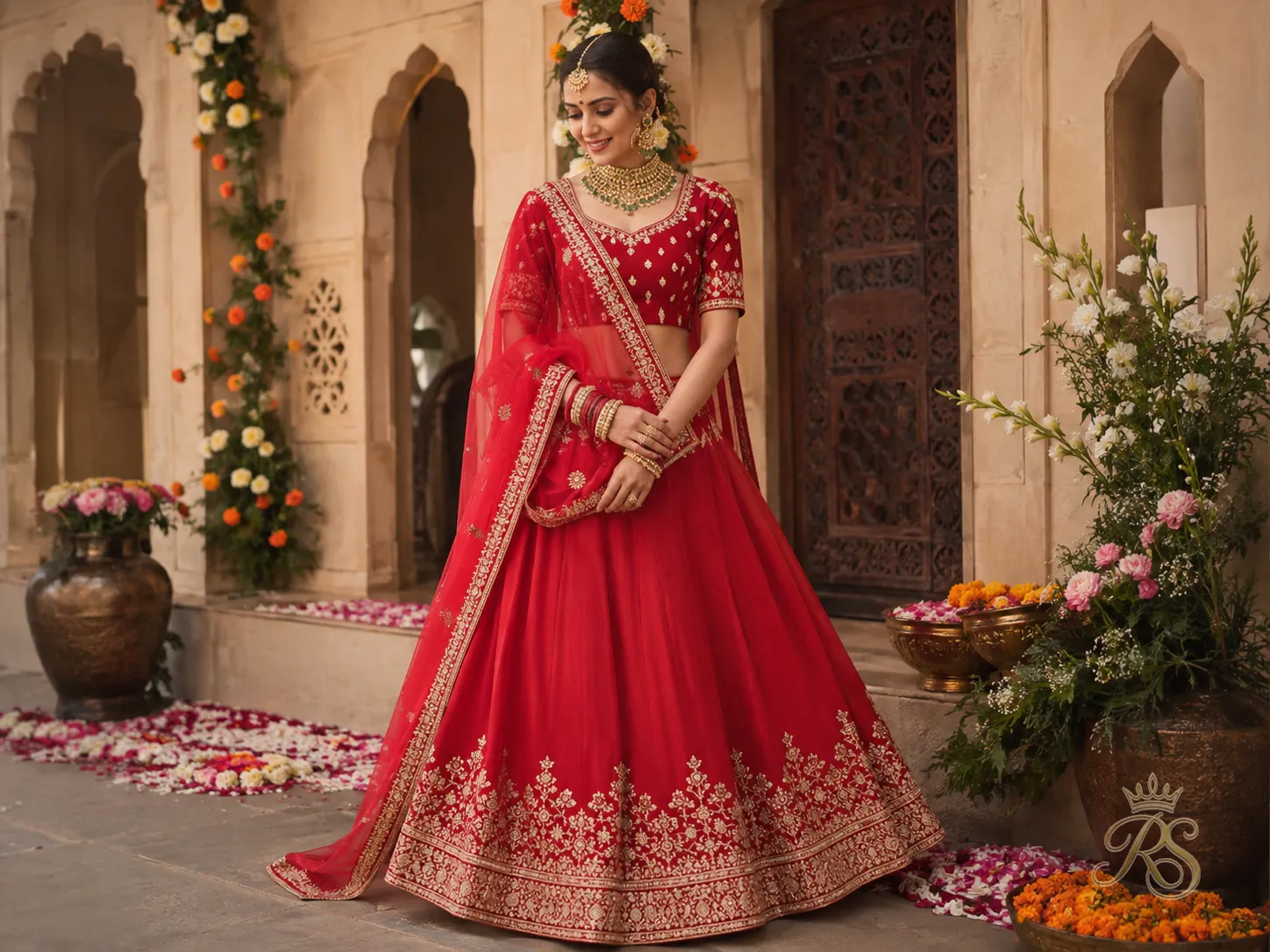 Budget-friendly red bridal lehenga with focused border embroidery instead of all-over embellishment