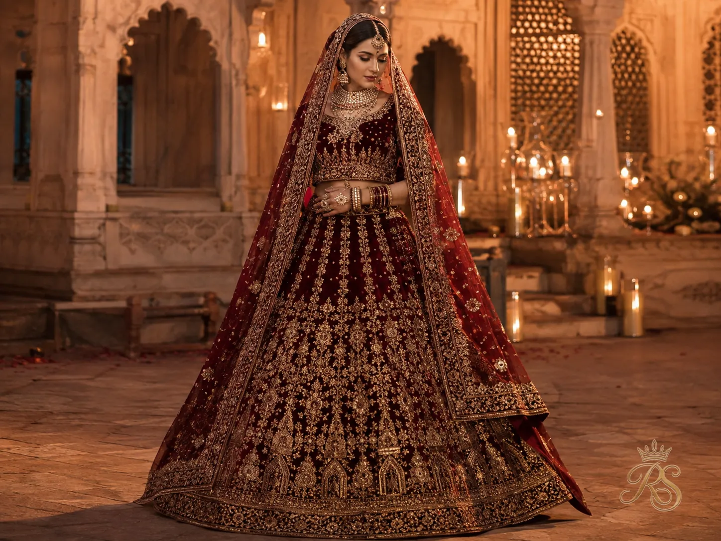 Deep maroon bridal lehenga with gold zardozi embroidery
