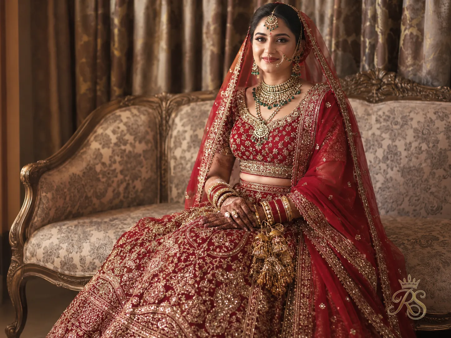 Indian bride wearing a deep red bridal lehenga with heavy gold embroidery and a matching dupatta