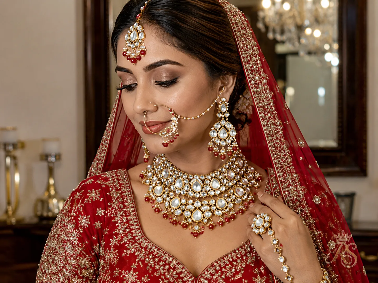 Polki diamond bridal jewelry set styled with a red lehenga for a modern look