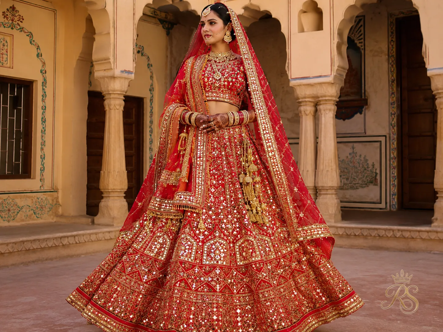 Rajasthani red bridal lehenga with gota patti and mirror work in gold