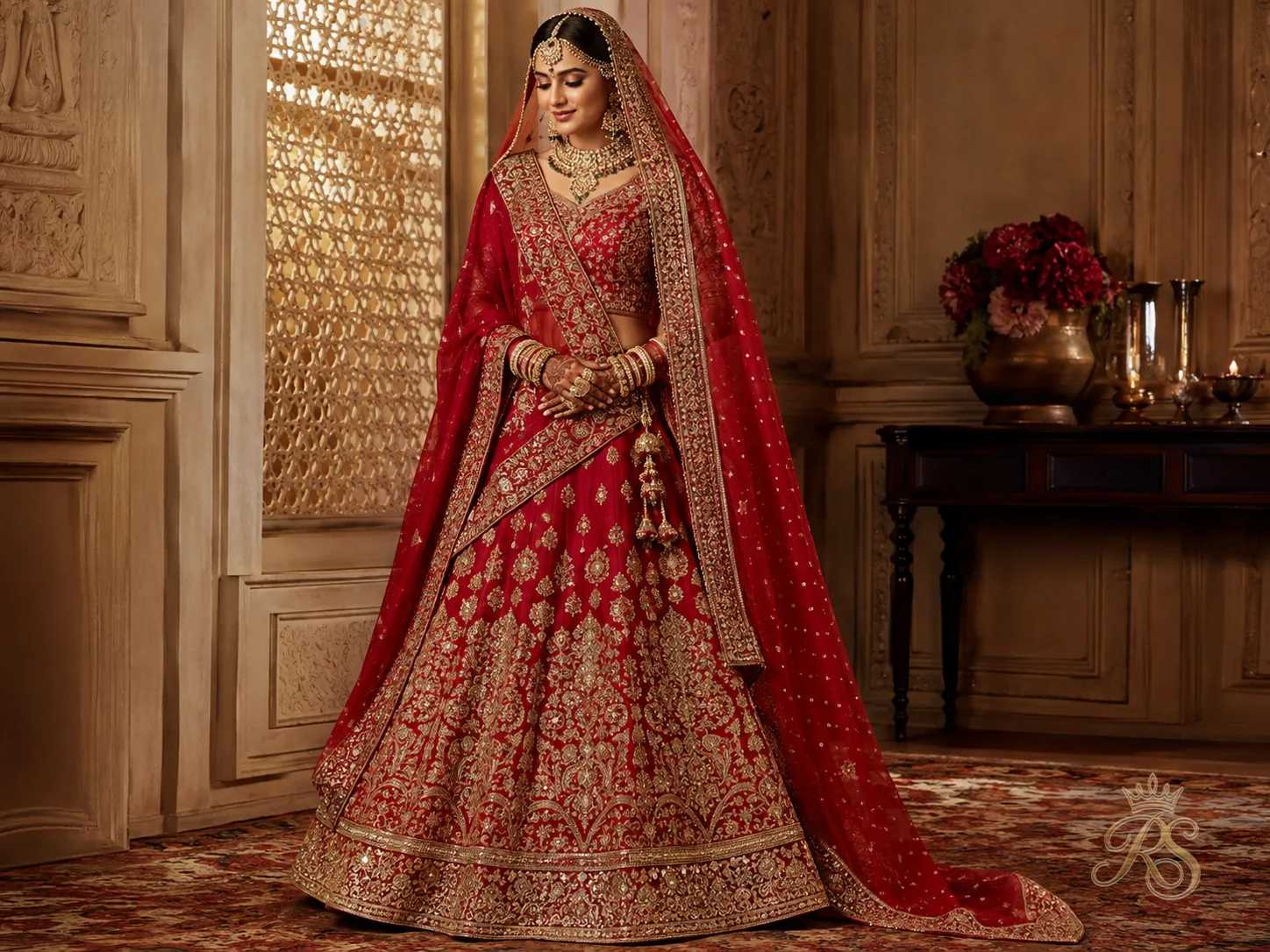 Red A-line bridal lehenga with a gently flared hem and gold border embroidery