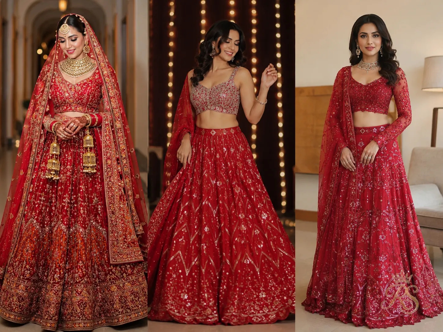 Three red bridal lehengas styled differently for wedding, sangeet, and reception functions