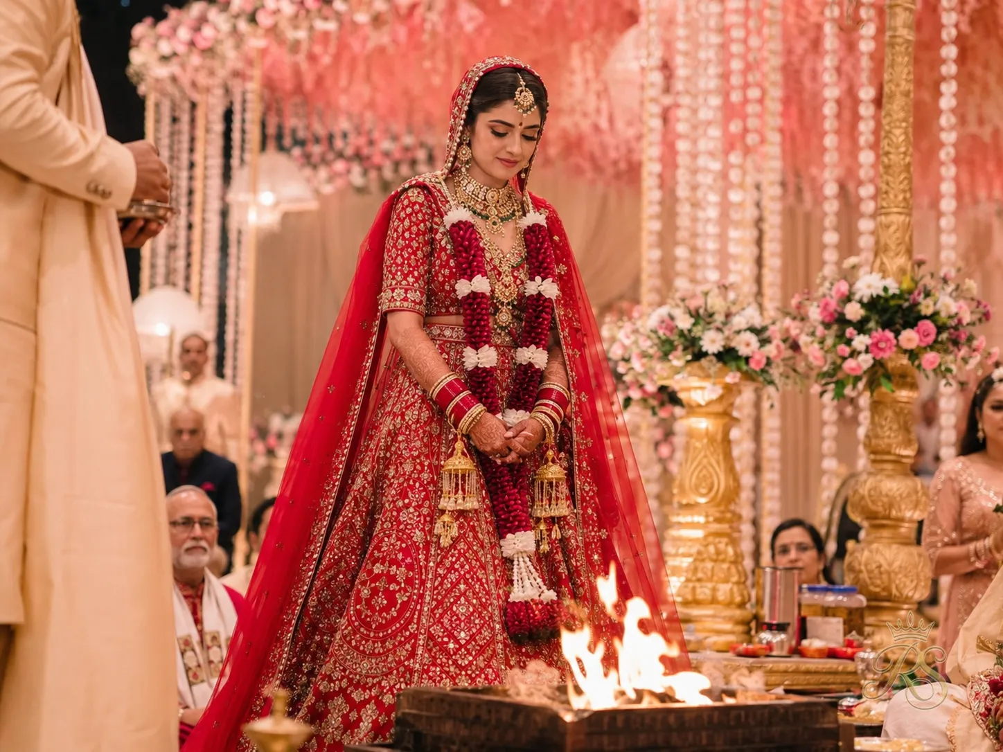 Bride in a rich red bridal lehenga standing at the mandap during her wedding ceremony