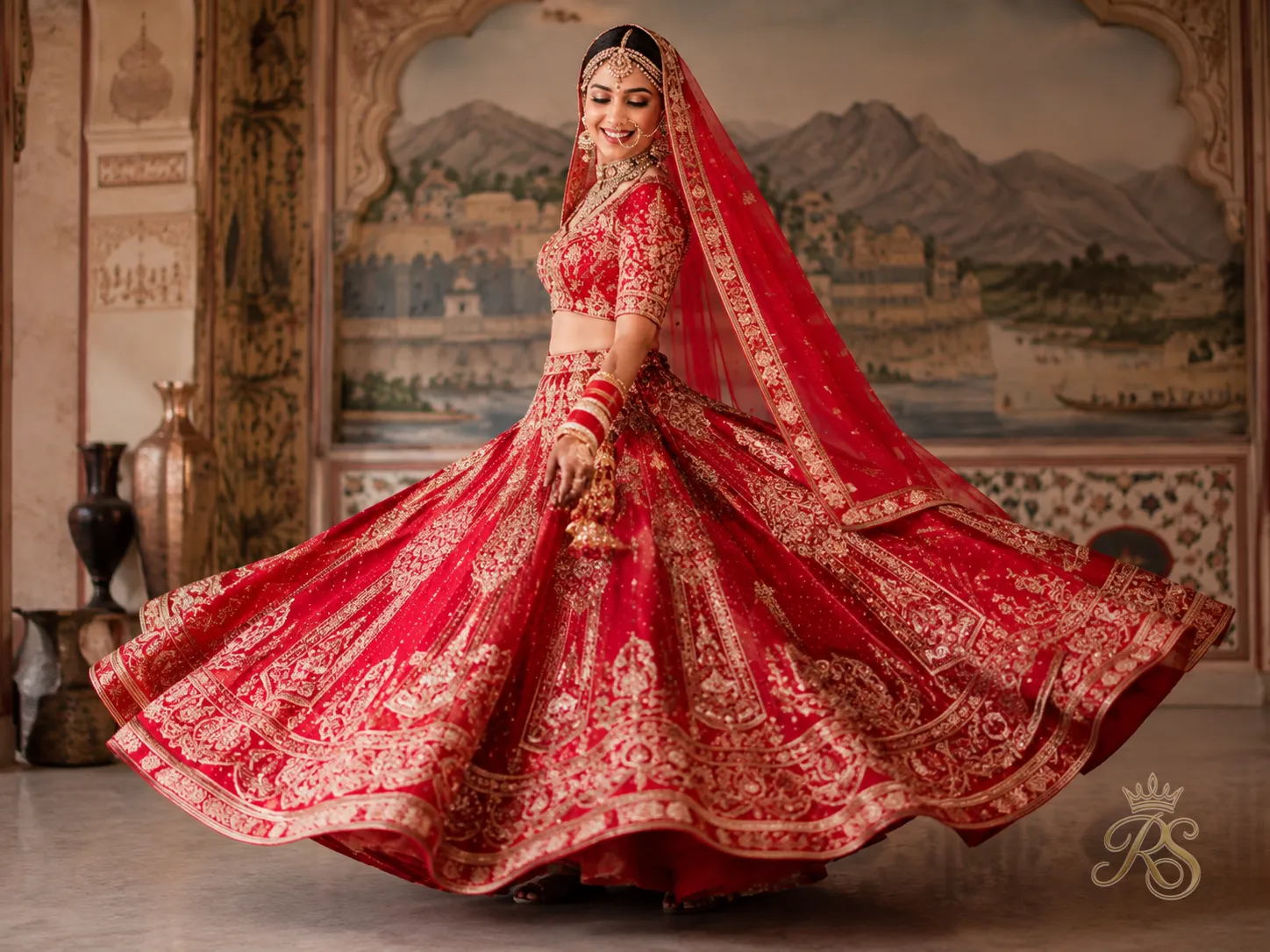Red circular bridal lehenga captured mid-twirl showing full volume