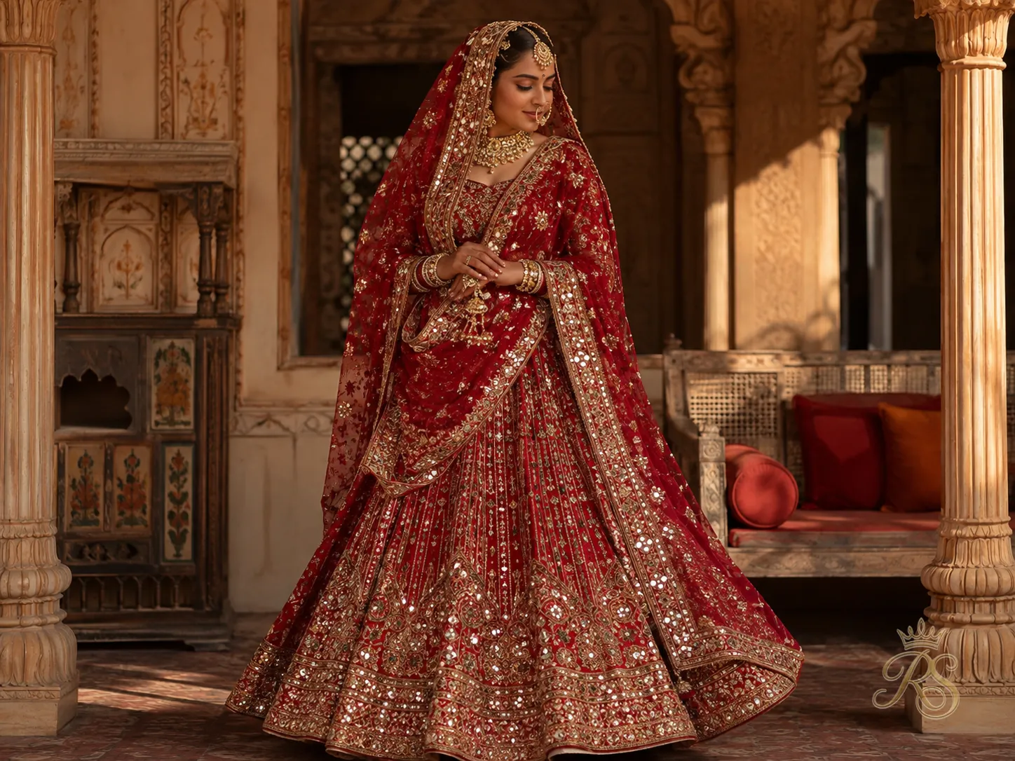 Red bridal lehenga with gota patti and mirror work embroidery detail