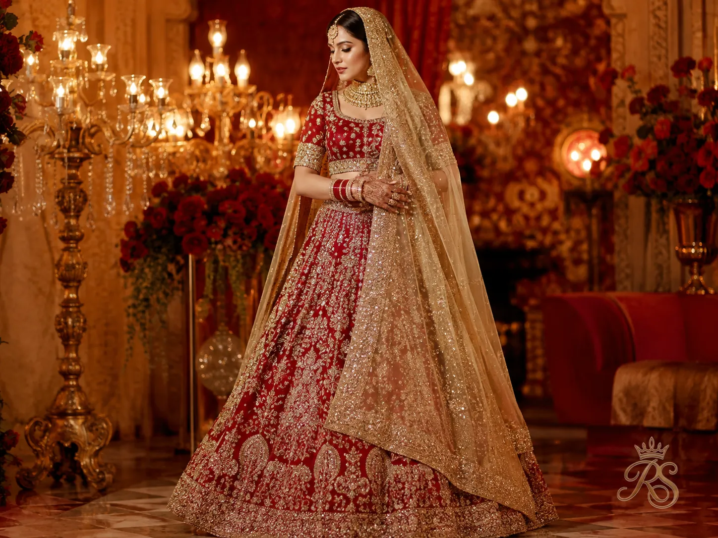 Red bridal lehenga paired with a shimmering gold tulle dupatta