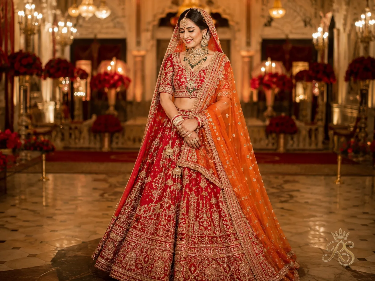 Red bridal lehenga paired with a contrasting orange dupatta