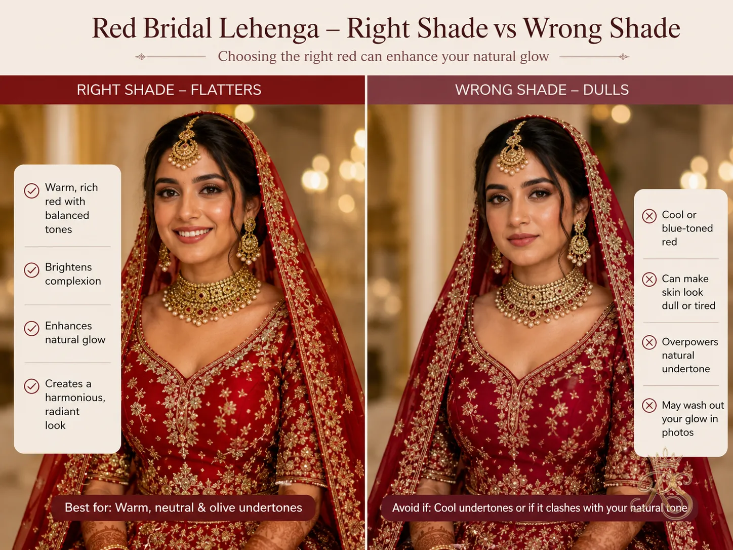 Comparison of a red bridal lehenga shade that suits the bride's skin tone versus one that does not