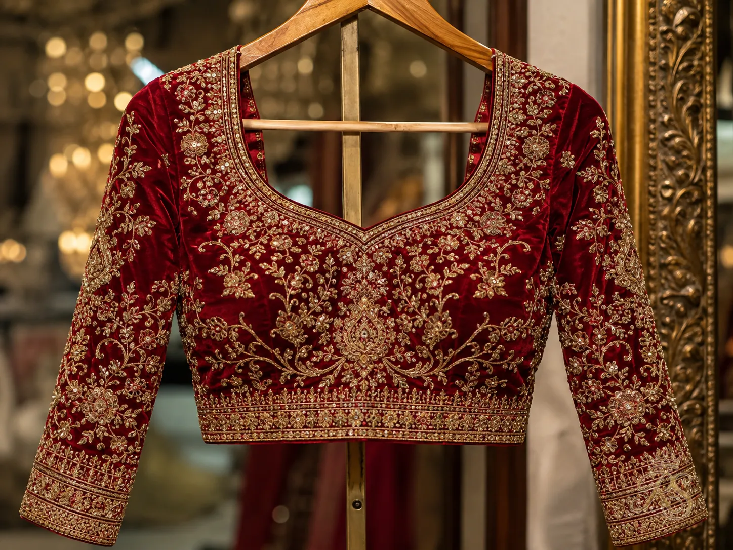 Red velvet full-sleeve bridal blouse with heavy gold embroidery