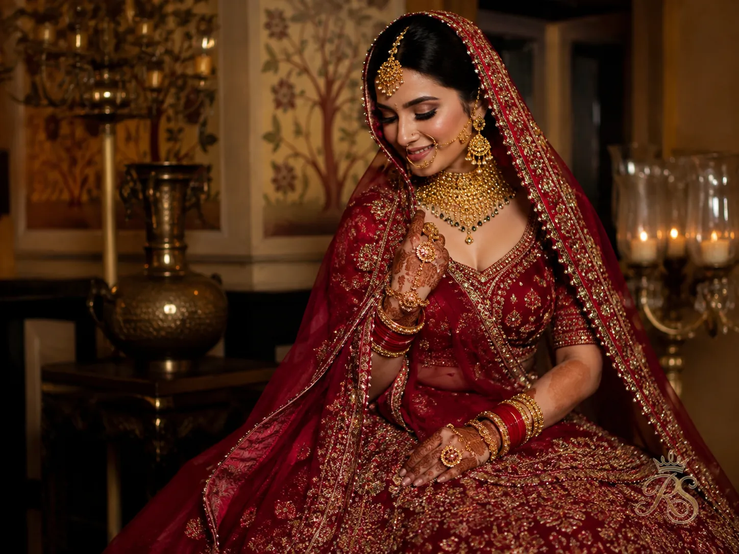 Ruby red bridal lehenga paired with traditional gold jewelry