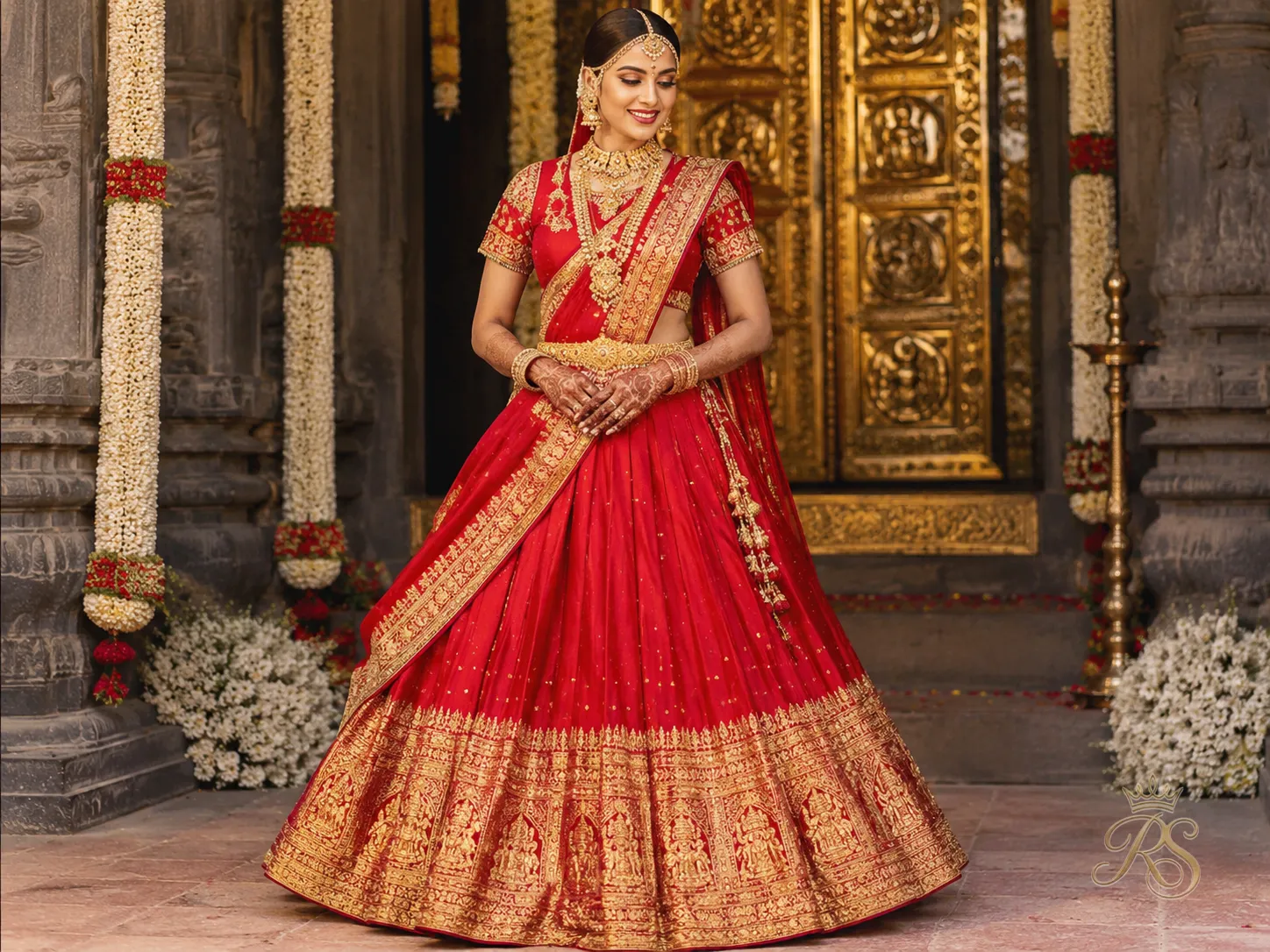 South Indian red silk bridal lehenga with temple-inspired gold border